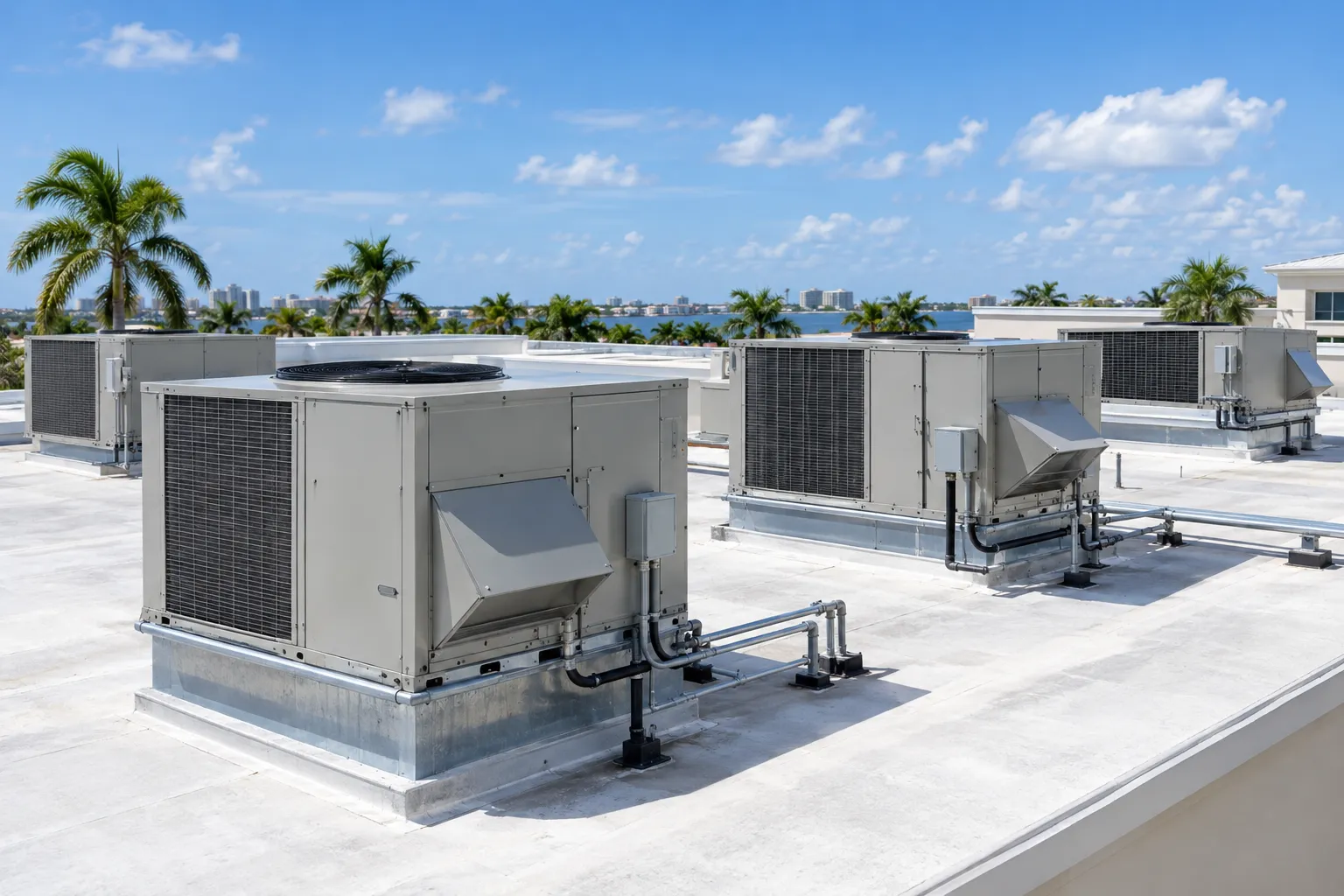 Rooftop packaged HVAC units on a light commercial building