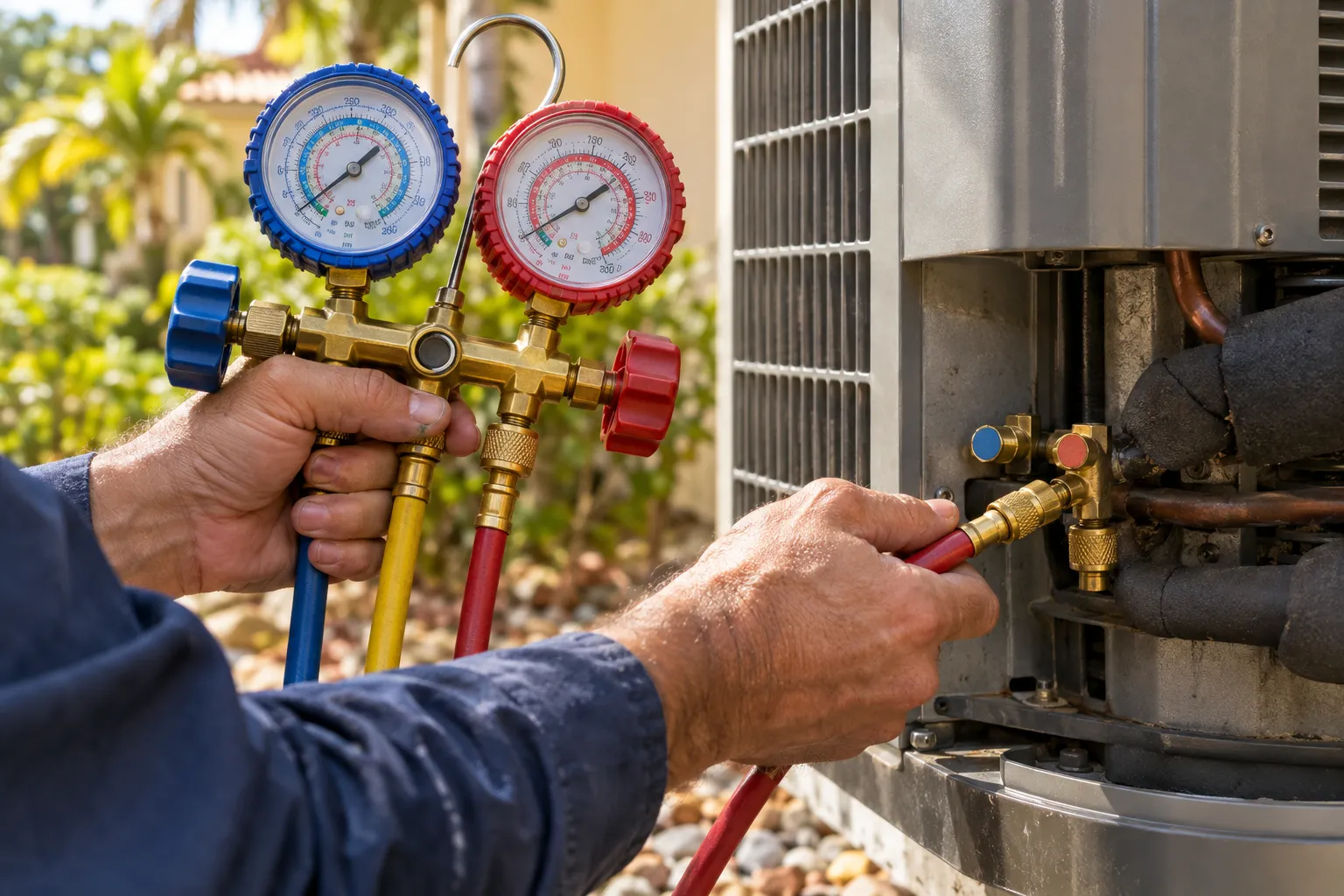Technician connecting refrigerant gauges to an air conditioning unit